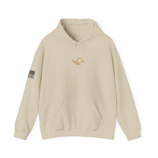Hoodie — Minimal Gold Duck Emblem Pullover with Sleeve Flag