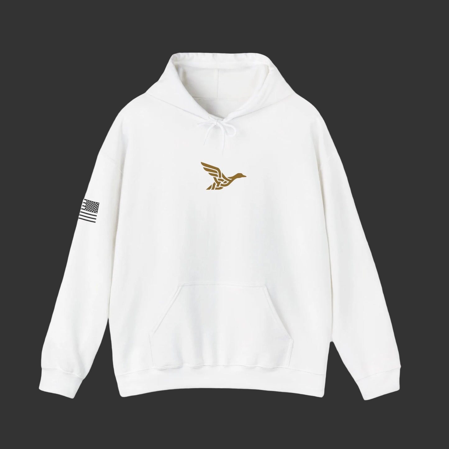 Hoodie — Minimal Gold Duck Emblem Pullover with Sleeve Flag