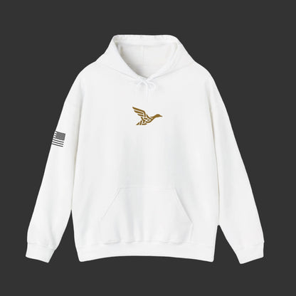 Hoodie — Minimal Gold Duck Emblem Pullover with Sleeve Flag