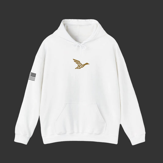Hoodie — Minimal Gold Duck Emblem Pullover with Sleeve Flag