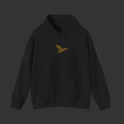 Hoodie — Minimal Gold Duck Emblem Pullover with Sleeve Flag