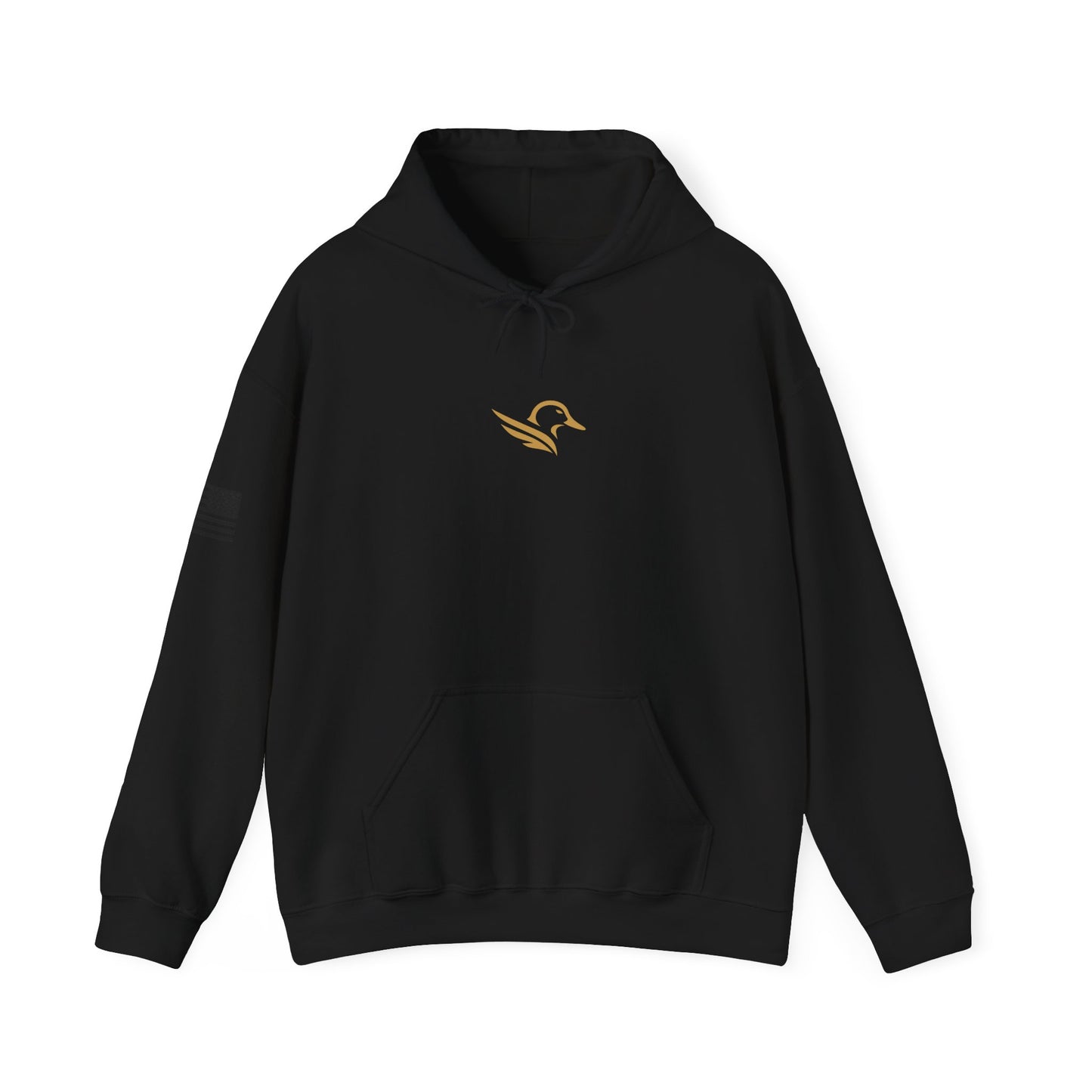 Hoodie — Minimal Gold Duck Emblem Pullover with Sleeve Flag