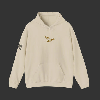 Hoodie — Minimal Gold Duck Emblem Pullover with Sleeve Flag