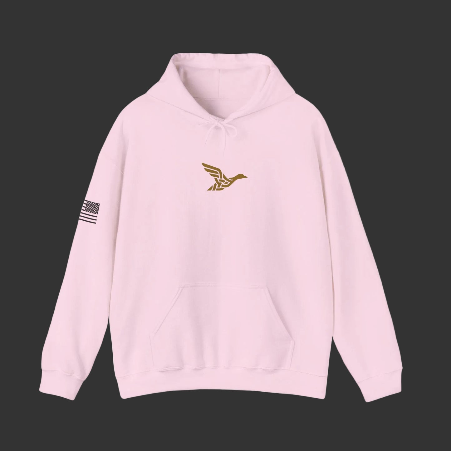 Hoodie — Minimal Gold Duck Emblem Pullover with Sleeve Flag