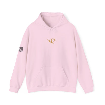 Hoodie — Minimal Gold Duck Emblem Pullover with Sleeve Flag