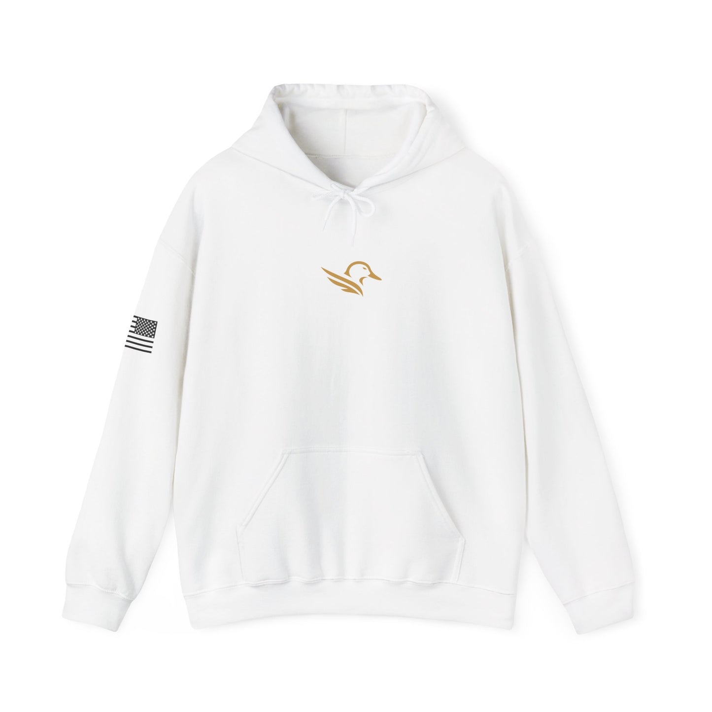 Hoodie — Minimal Gold Duck Emblem Pullover with Sleeve Flag