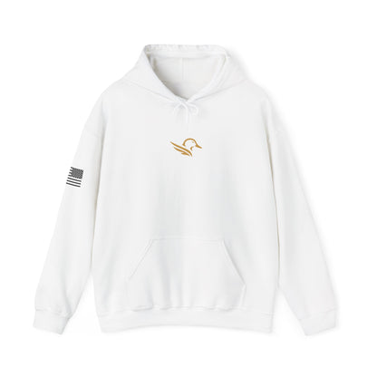Hoodie — Minimal Gold Duck Emblem Pullover with Sleeve Flag