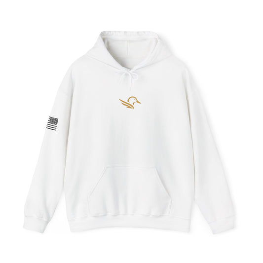 Hoodie — Minimal Gold Duck Emblem Pullover with Sleeve Flag